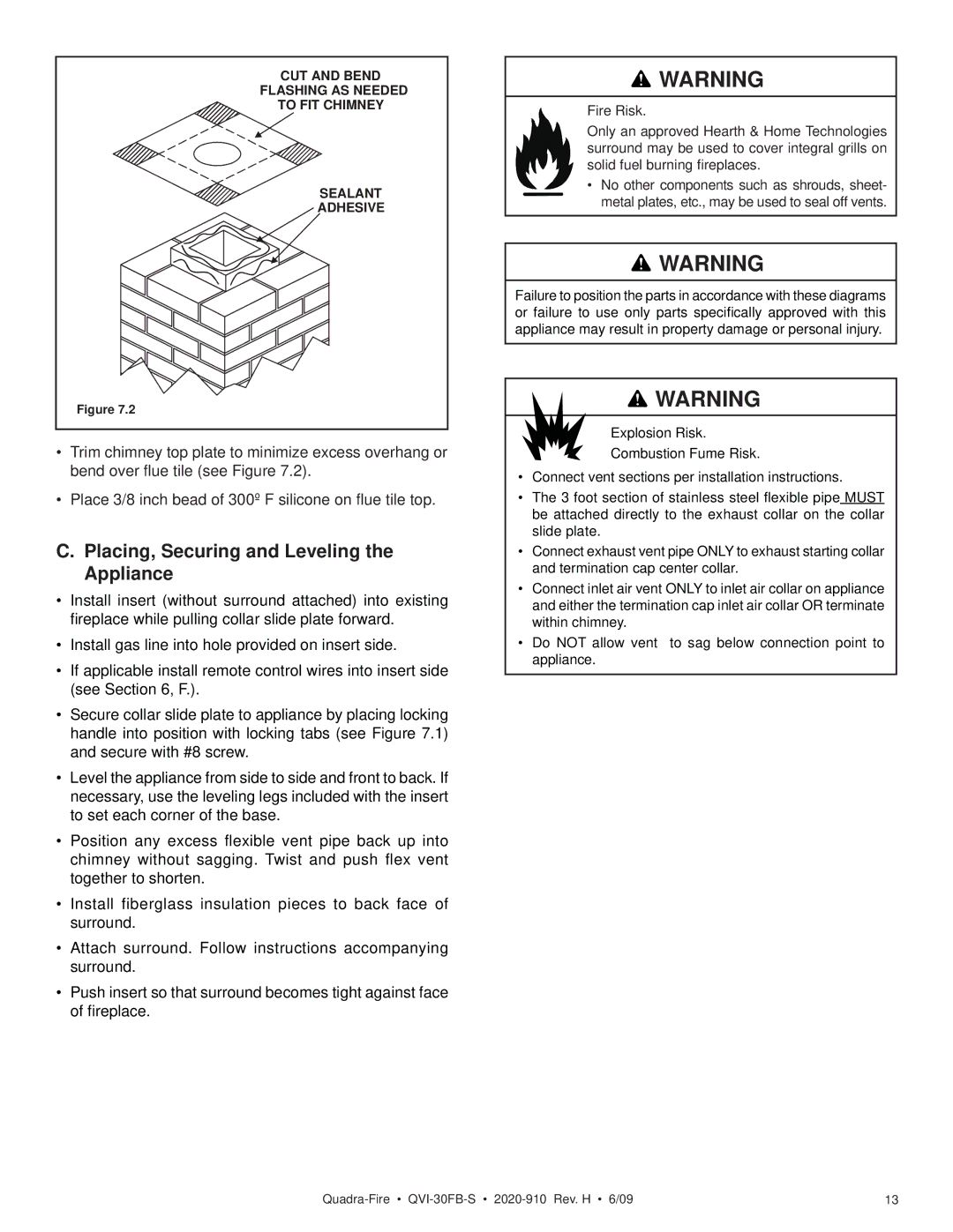 Quadra-Fire QVI-30FB-S owner manual Placing, Securing and Leveling the Appliance 