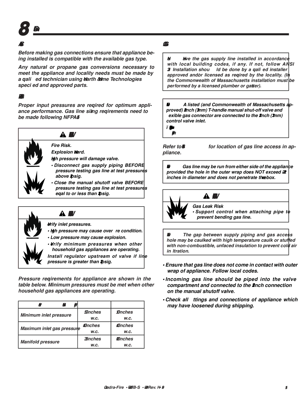 Quadra-Fire QVI-30FB-S owner manual Gas Information, Fuel Conversions Gas Connection, Gas Pressures 