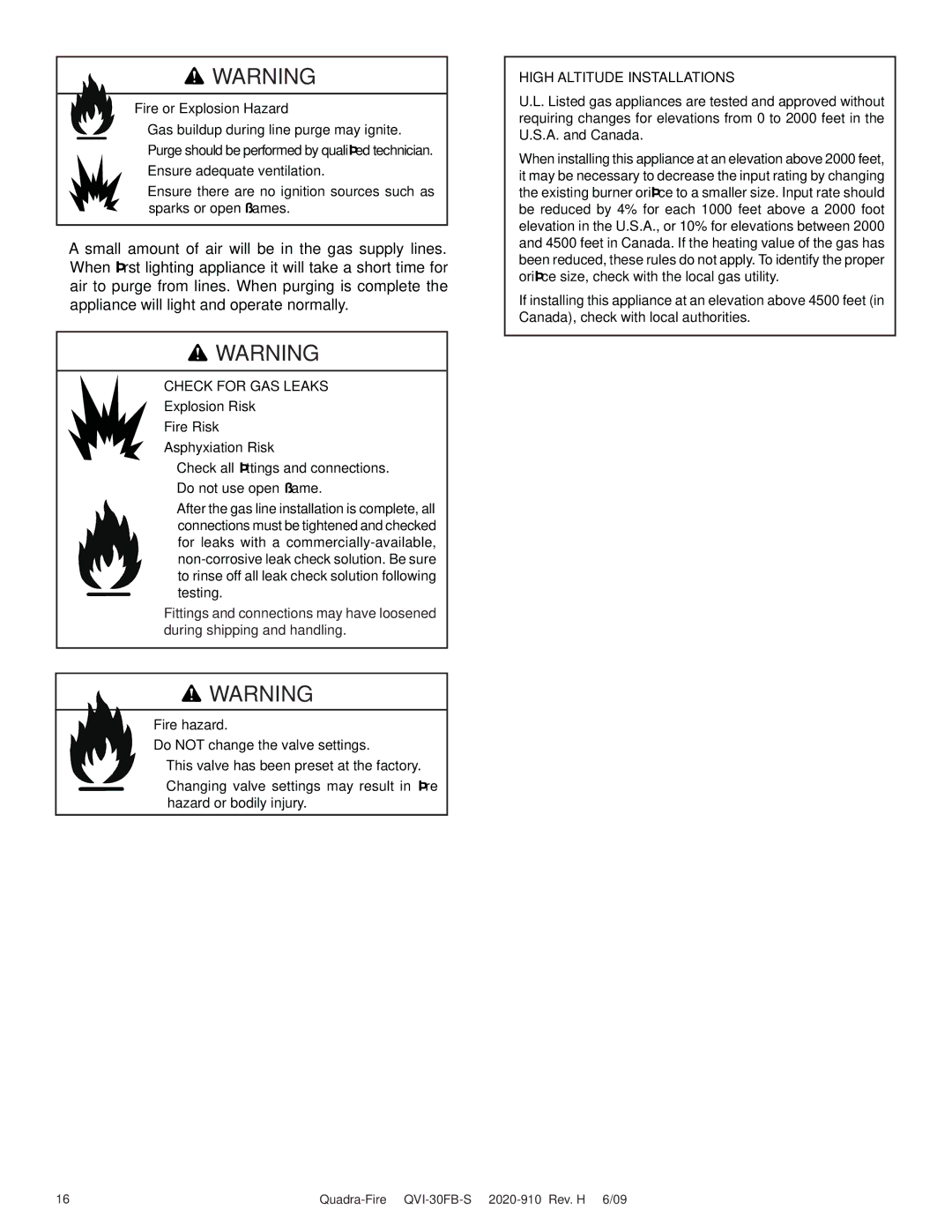 Quadra-Fire QVI-30FB-S owner manual High Altitude Installations 