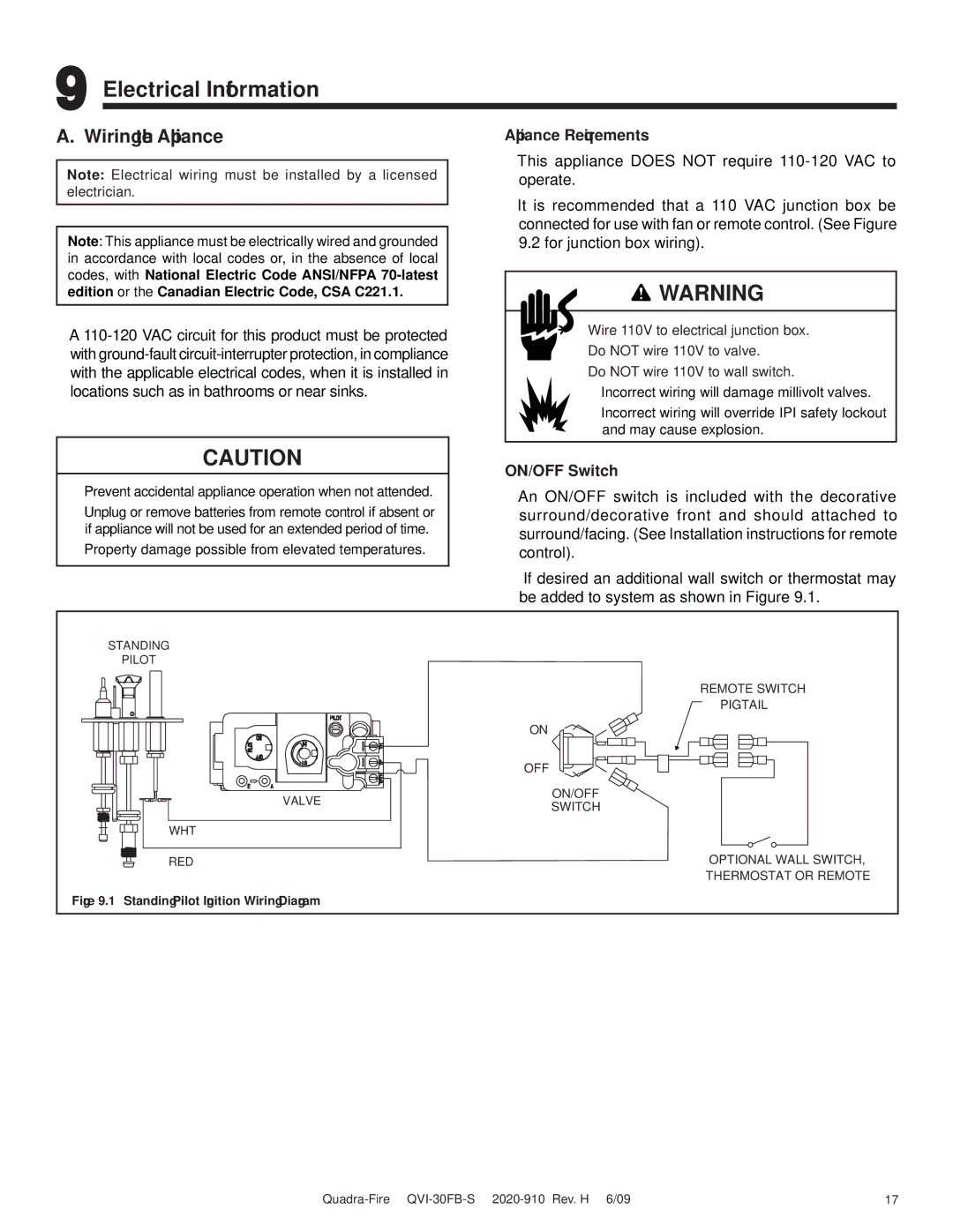 Quadra-Fire QVI-30FB-S owner manual Electrical Information, Wiring the Appliance, Appliance Requirements, ON/OFF Switch 