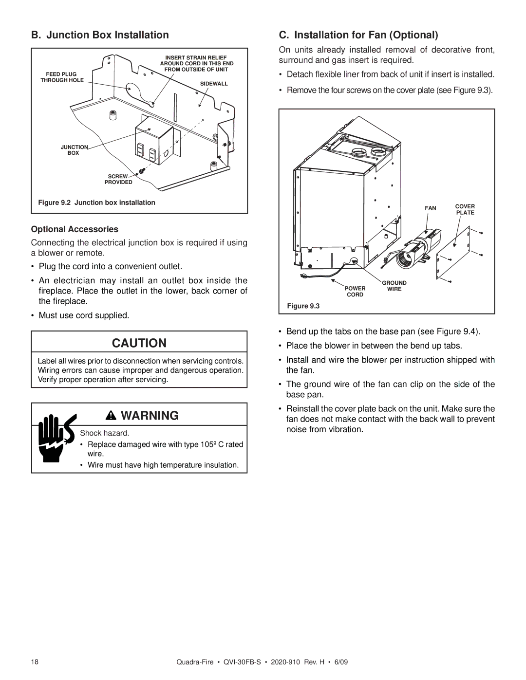 Quadra-Fire QVI-30FB-S Junction Box Installation, Installation for Fan Optional, Optional Accessories, Shock hazard 