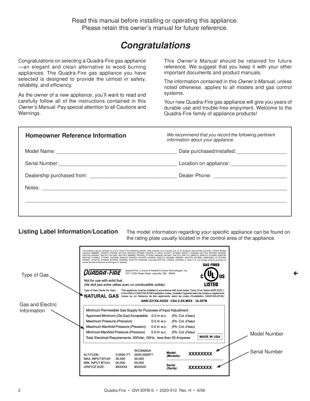 Quadra-Fire QVI-30FB-S owner manual Homeowner Reference Information, Model Number Serial Number 