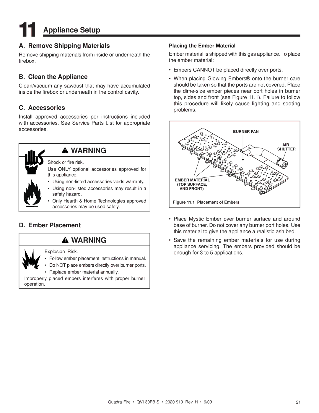 Quadra-Fire QVI-30FB-S Appliance Setup, Remove Shipping Materials, Clean the Appliance, Accessories, Ember Placement 