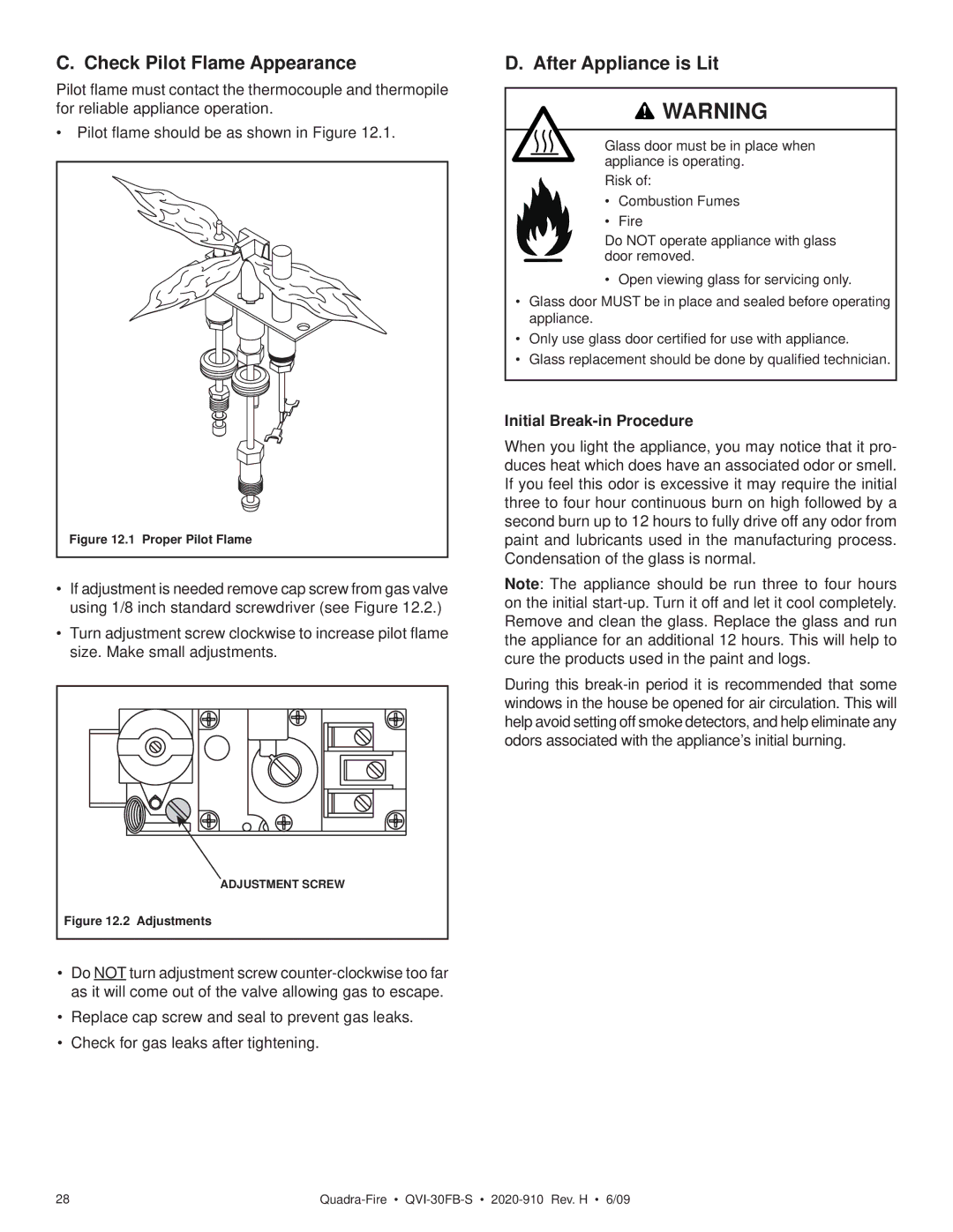 Quadra-Fire QVI-30FB-S owner manual Check Pilot Flame Appearance, After Appliance is Lit, Initial Break-in Procedure 