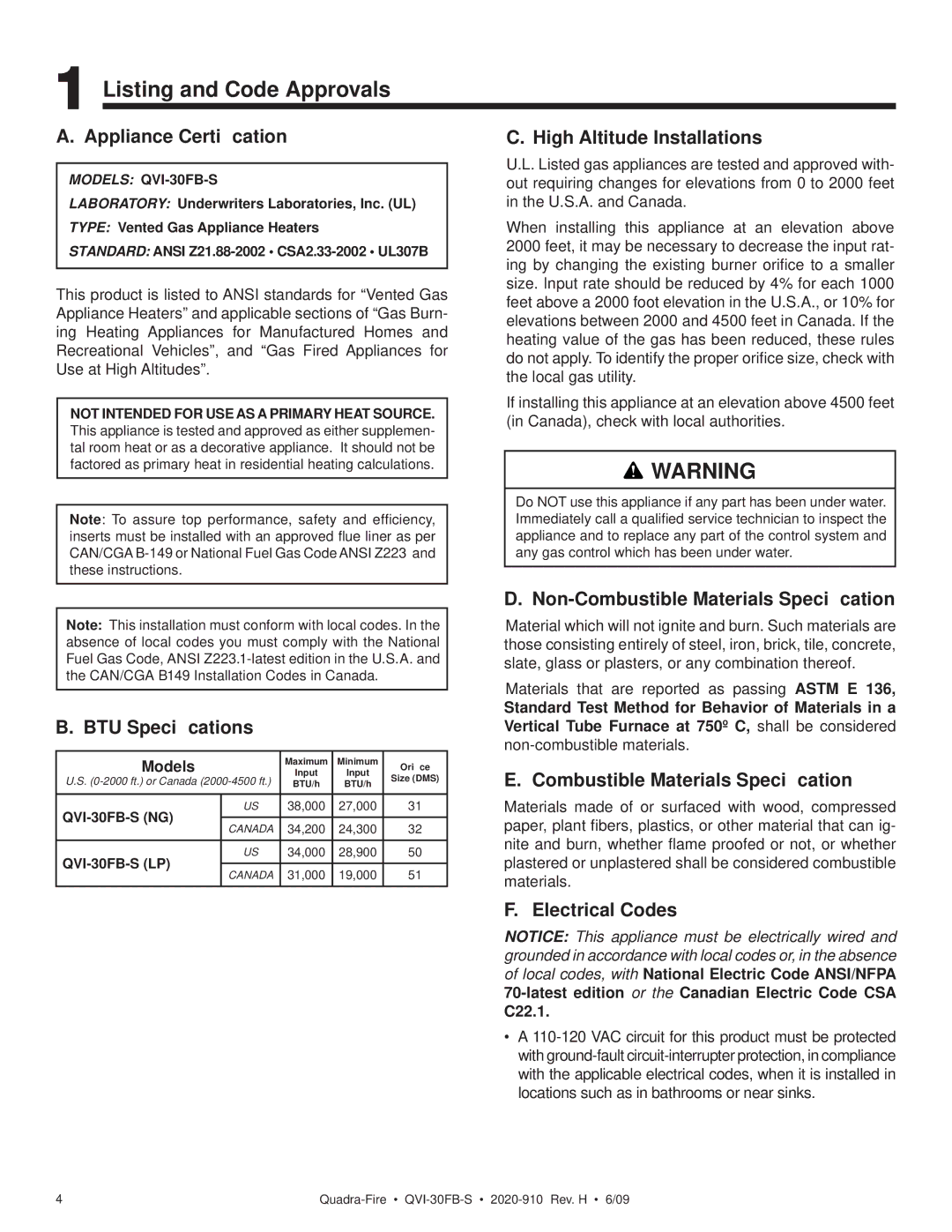 Quadra-Fire QVI-30FB-S owner manual Listing and Code Approvals 