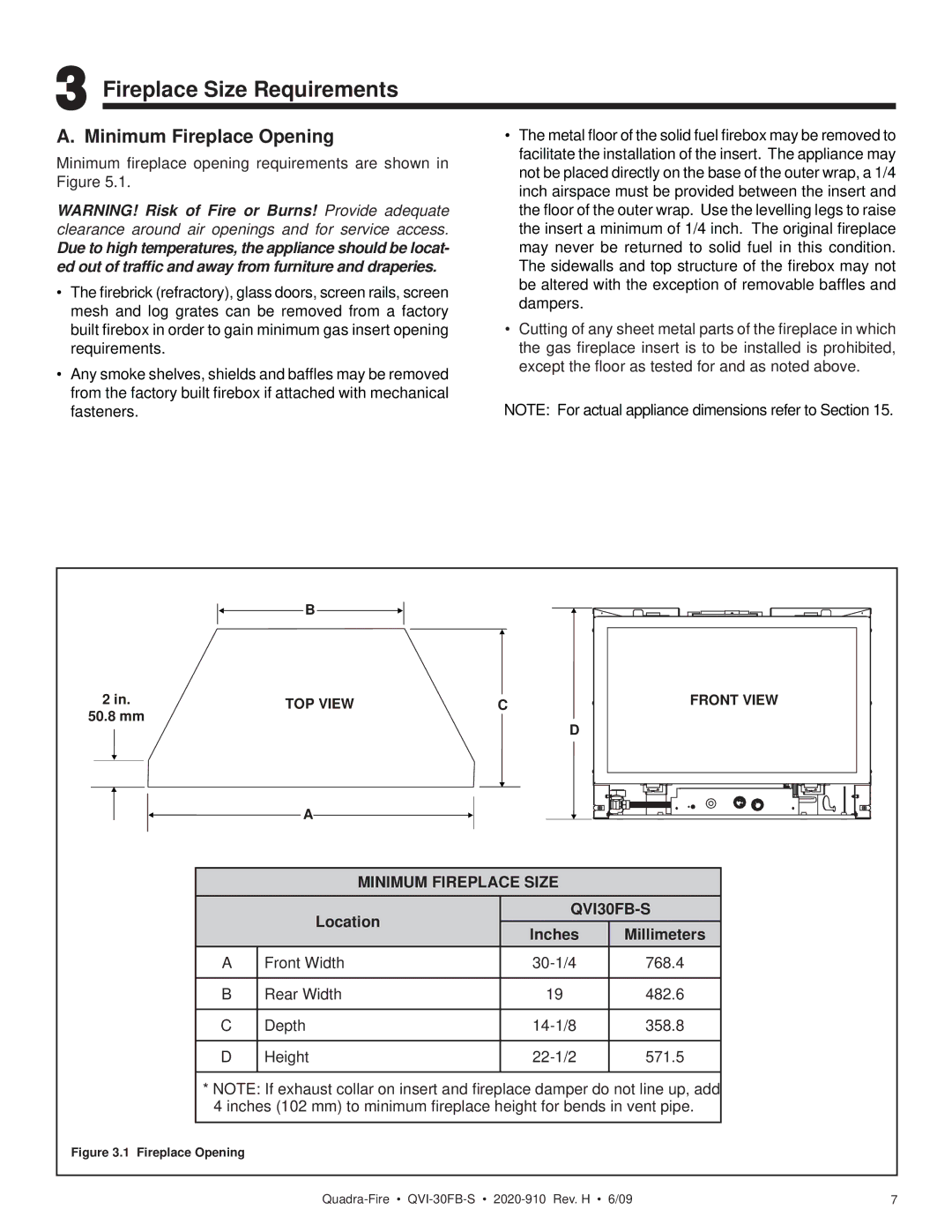 Quadra-Fire QVI-30FB-S owner manual Fireplace Size Requirements, Minimum Fireplace Opening, Location, Inches Millimeters 