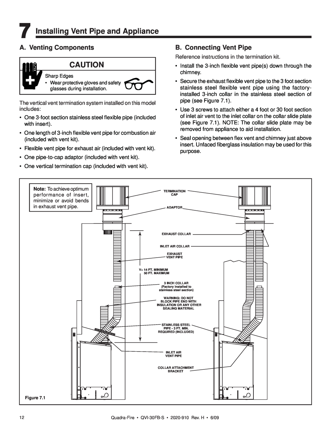 Quadra-Fire QVI-30FB-S owner manual Installing Vent Pipe and Appliance, A. Venting Components, B. Connecting Vent Pipe 