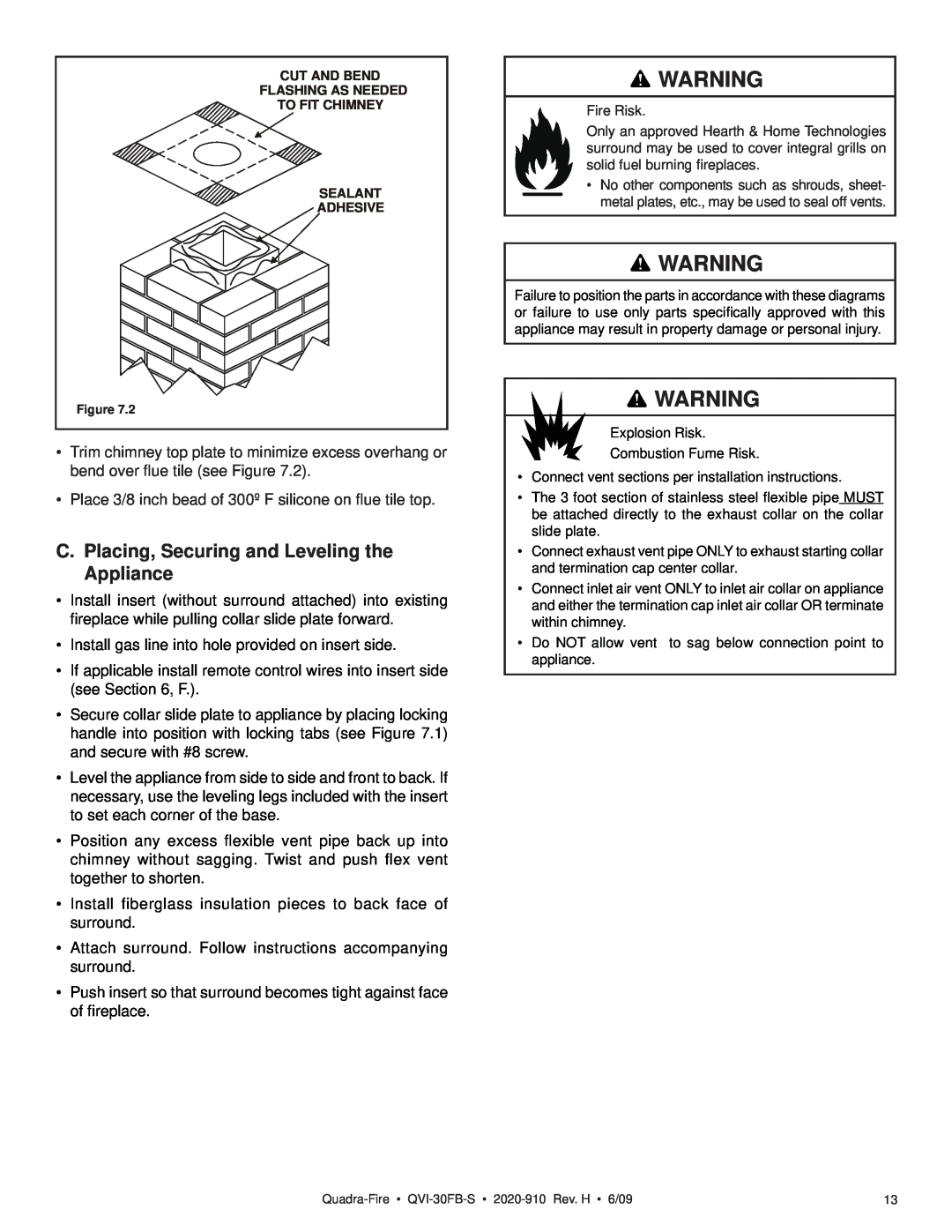 Quadra-Fire QVI-30FB-S owner manual C.Placing, Securing and Leveling the Appliance 