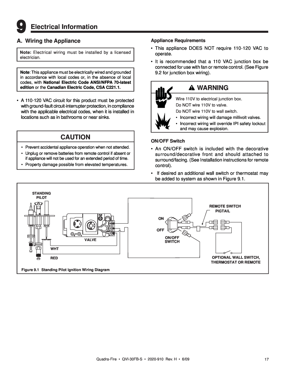 Quadra-Fire QVI-30FB-S owner manual Electrical Information, A. Wiring the Appliance 