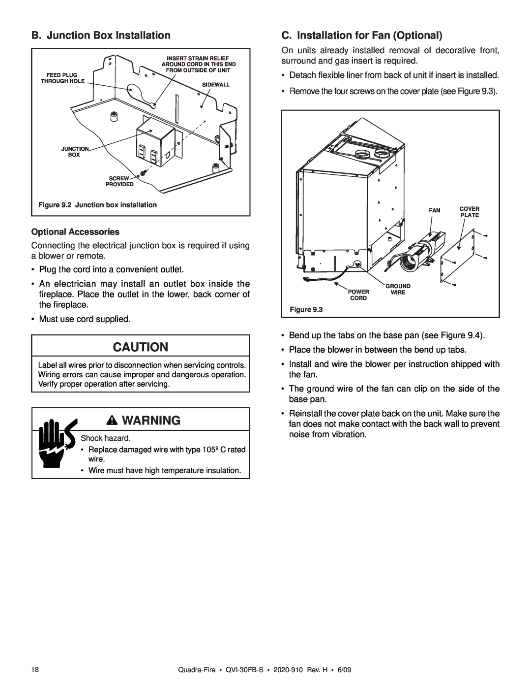 Quadra-Fire QVI-30FB-S owner manual B. Junction Box Installation, C. Installation for Fan Optional, Optional Accessories 