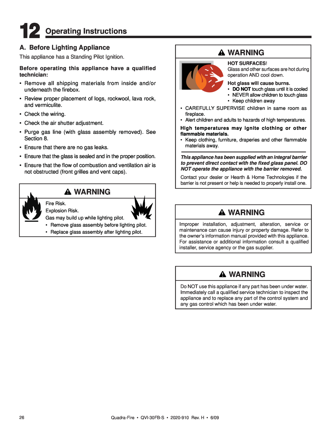 Quadra-Fire QVI-30FB-S owner manual Operating Instructions, A. Before Lighting Appliance 