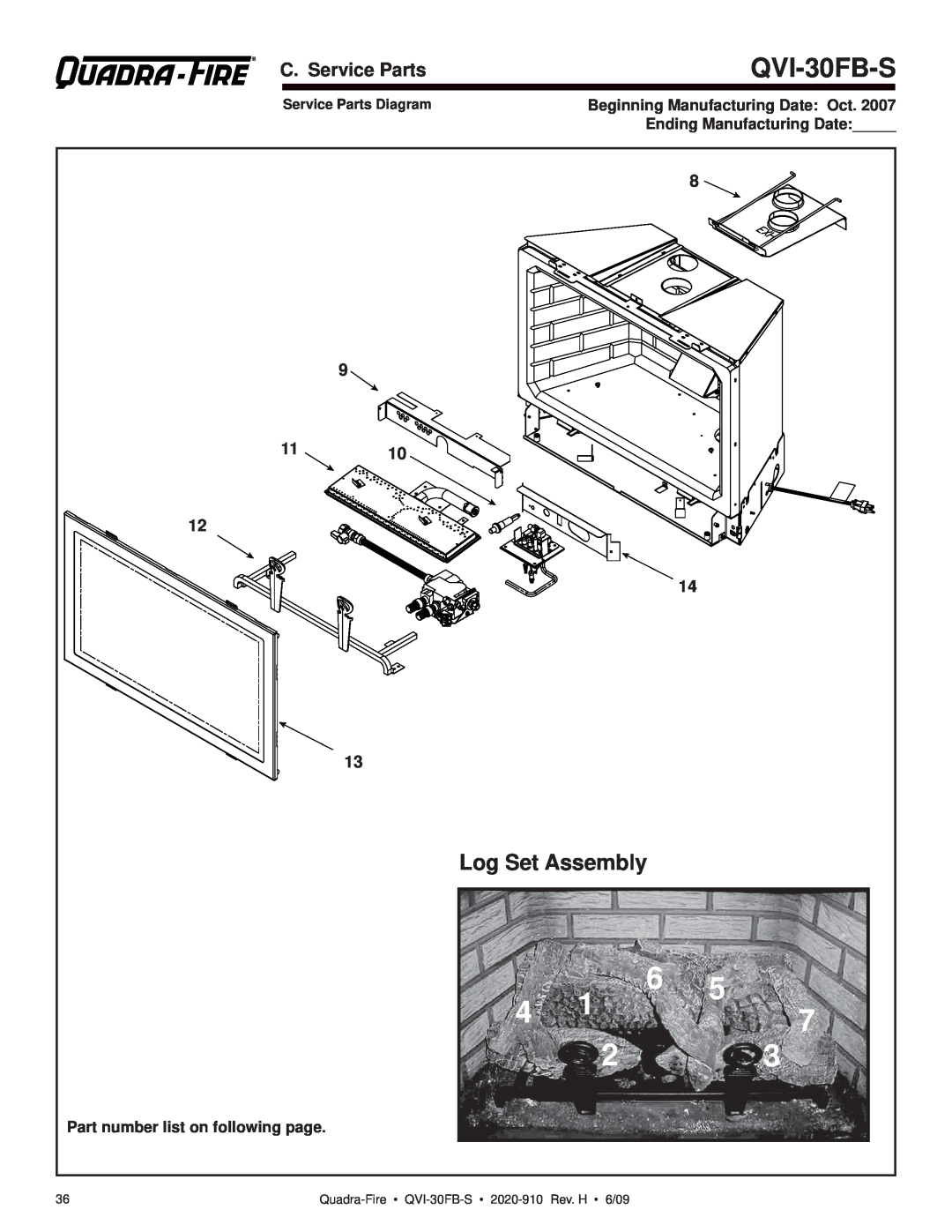 Quadra-Fire QVI-30FB-S owner manual Log Set Assembly, C. Service Parts, 8 9 11 12, Service Parts Diagram 