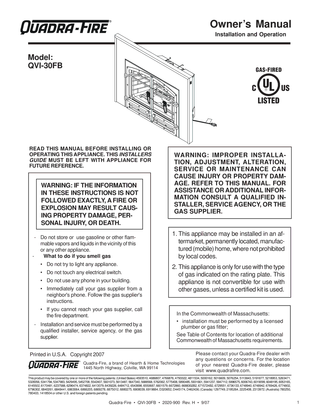 Quadra-Fire QVI-30FB owner manual What to do if you smell gas 