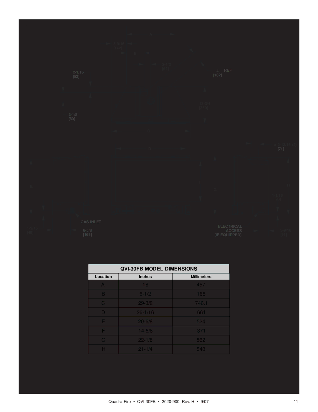 Quadra-Fire QVI-30FB owner manual Diagram and model dimensions 