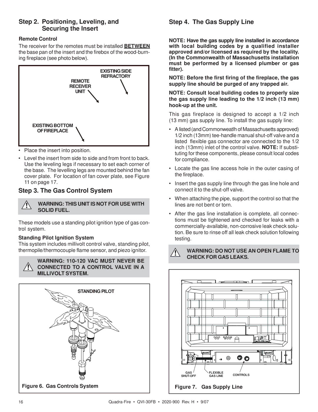 Quadra-Fire QVI-30FB owner manual Positioning, Leveling, Securing the Insert, Gas Control System, Gas Supply Line 