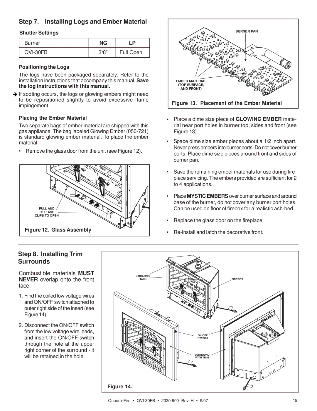 Quadra-Fire QVI-30FB Installing Logs and Ember Material, Installing Trim Surrounds, Shutter Settings, Positioning the Logs 