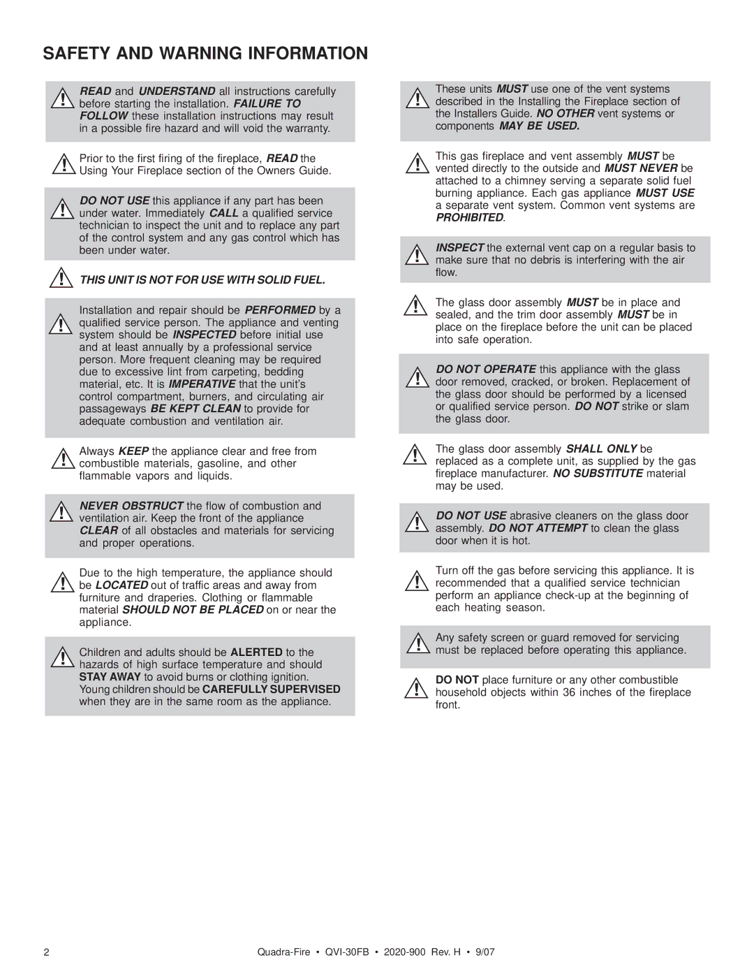 Quadra-Fire QVI-30FB owner manual Safety and Warning Information 