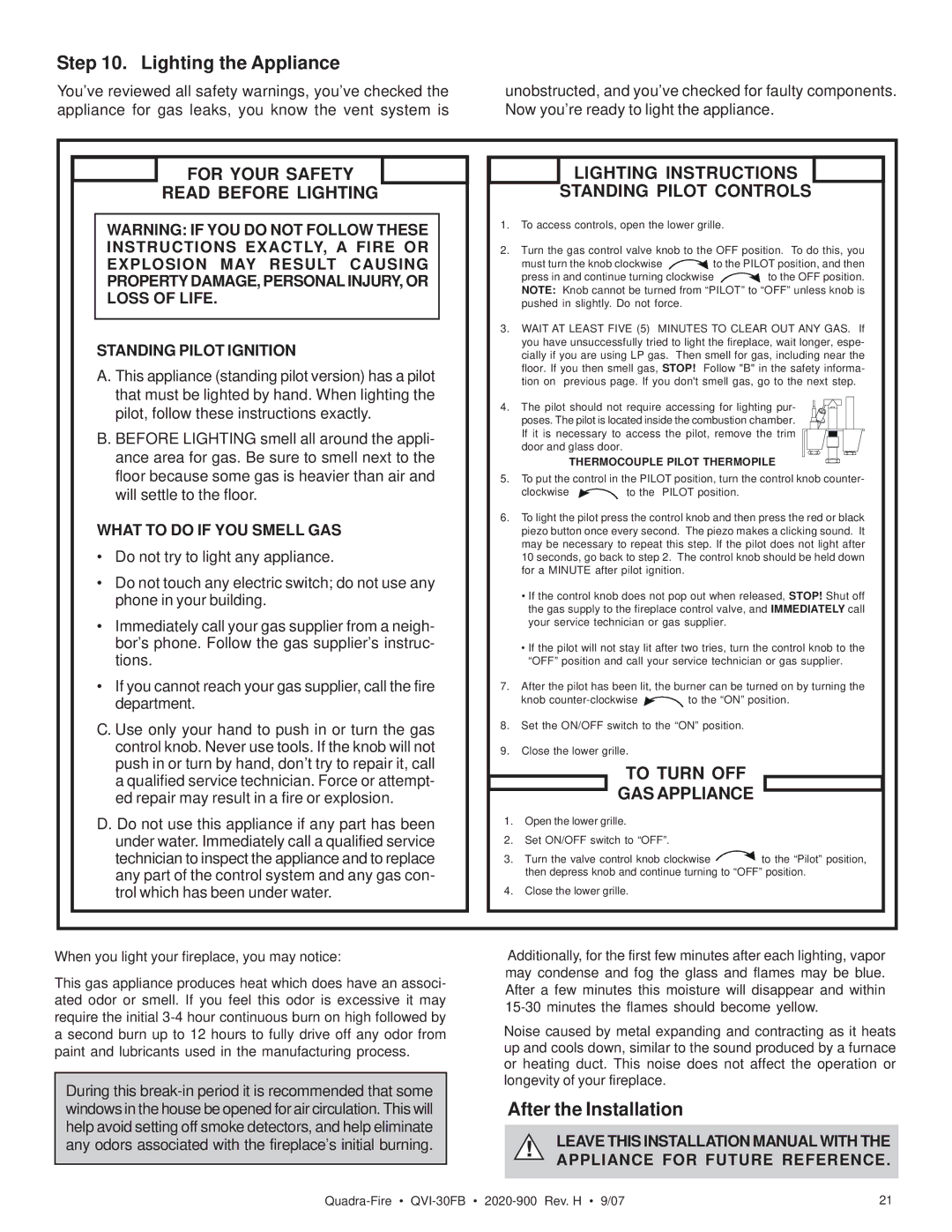 Quadra-Fire QVI-30FB Lighting the Appliance, After the Installation, Standing Pilot Ignition, What to do if YOU Smell GAS 