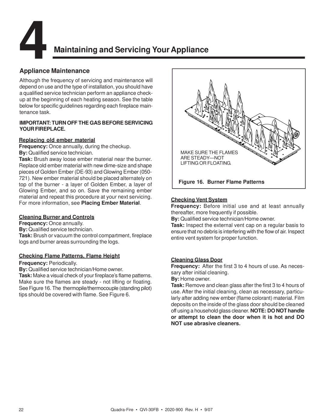 Quadra-Fire QVI-30FB owner manual Appliance Maintenance, Important Turn OFF the GAS Before Servicing Your Fireplace 