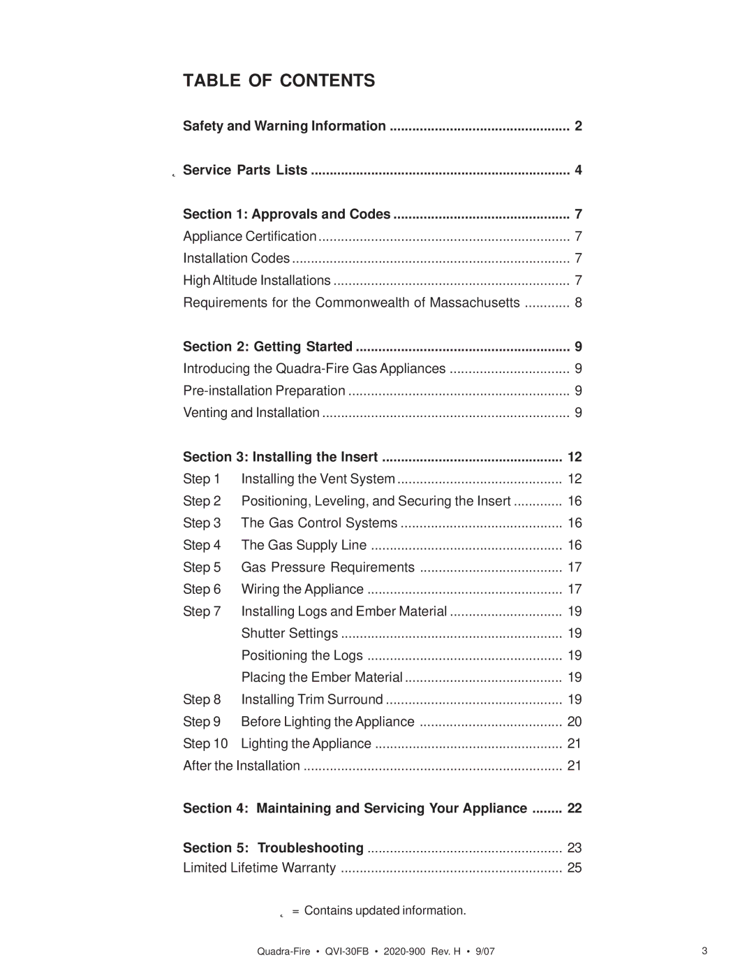 Quadra-Fire QVI-30FB owner manual Table of Contents 