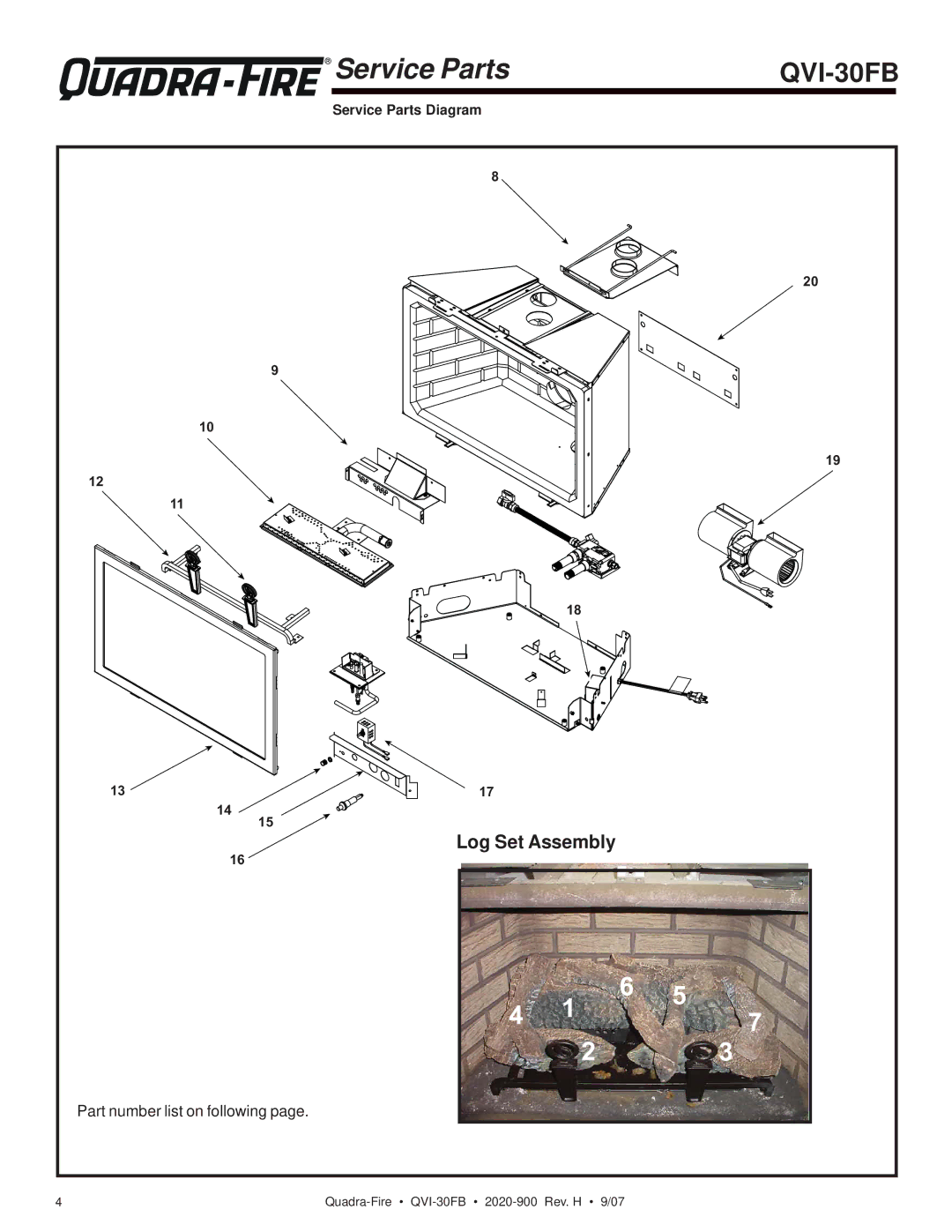 Quadra-Fire QVI-30FB owner manual Service Parts, Log Set Assembly 