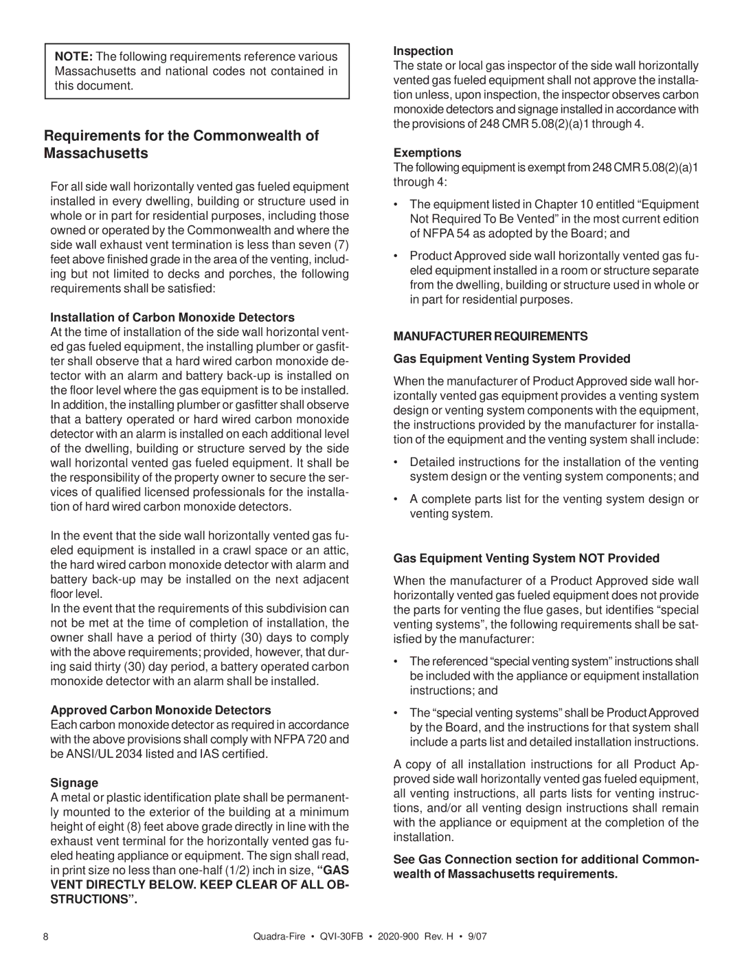 Quadra-Fire QVI-30FB owner manual Requirements for the Commonwealth of Massachusetts, Manufacturer Requirements 