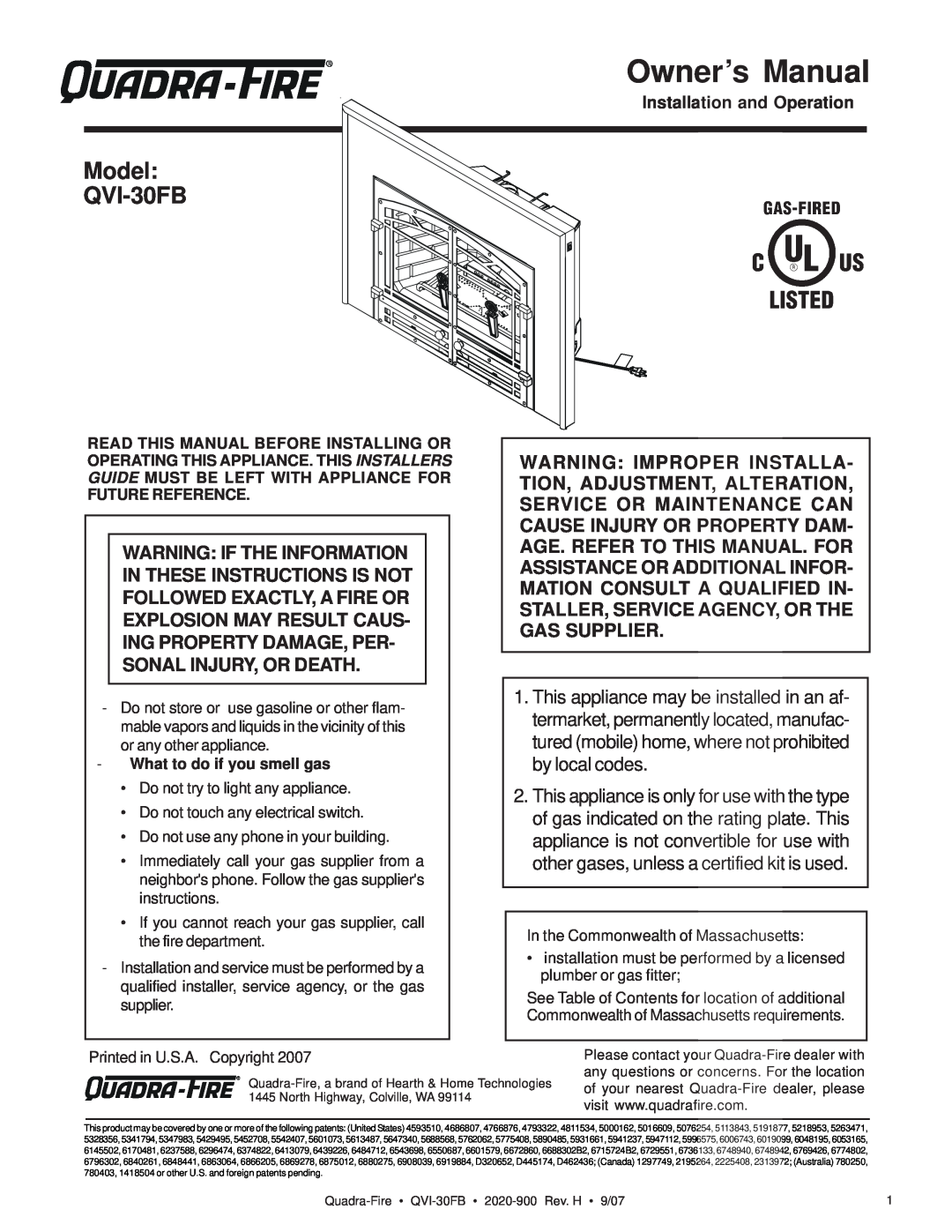 Quadra-Fire owner manual Model QVI-30FB, Installation and Operation, What to do if you smell gas 