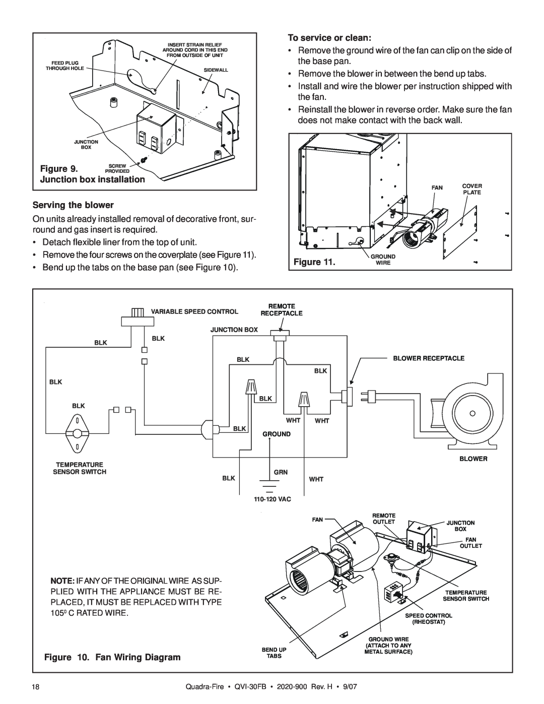 Quadra-Fire QVI-30FB owner manual To service or clean, Junction box installation, Serving the blower, Fan Wiring Diagram 