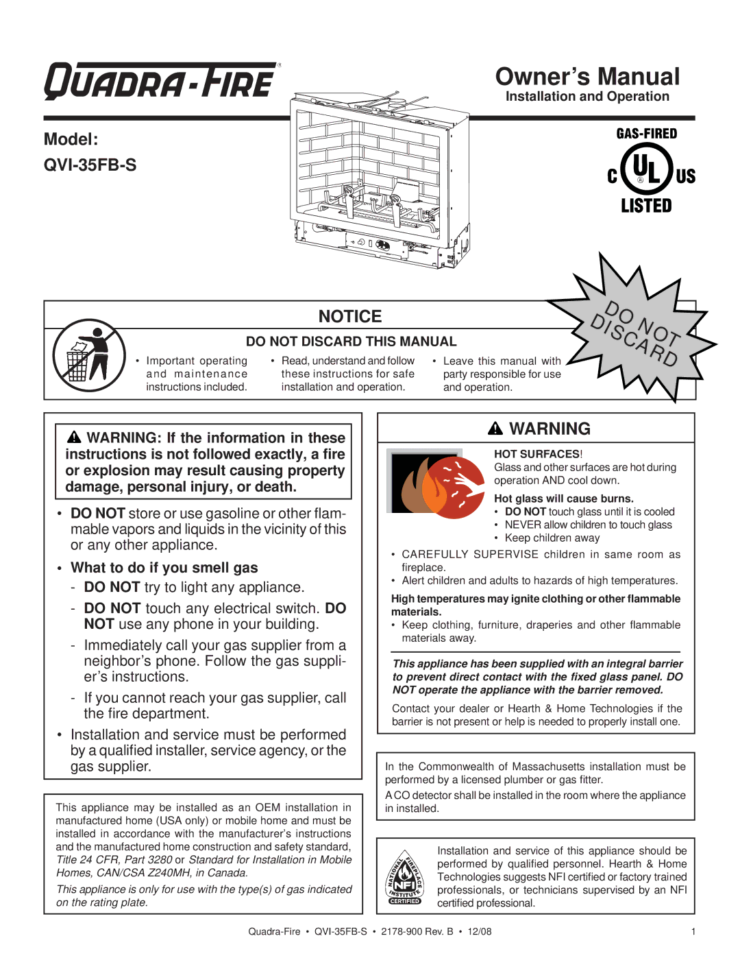 Quadra-Fire owner manual Model QVI-35FB-S, What to do if you smell gas, HOT Surfaces 