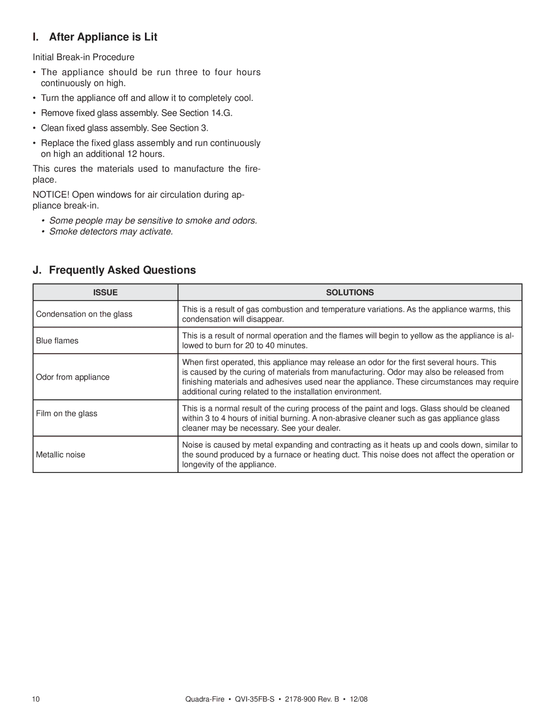 Quadra-Fire QVI-35FB-S owner manual After Appliance is Lit, Frequently Asked Questions, Issue Solutions 