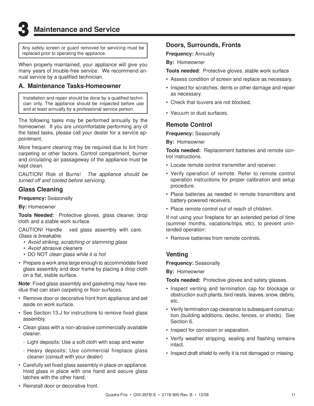 Quadra-Fire QVI-35FB-S owner manual Maintenance and Service 