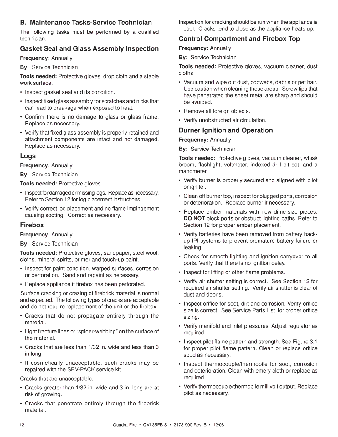 Quadra-Fire QVI-35FB-S Maintenance Tasks-Service Technician, Gasket Seal and Glass Assembly Inspection, Logs, Firebox 