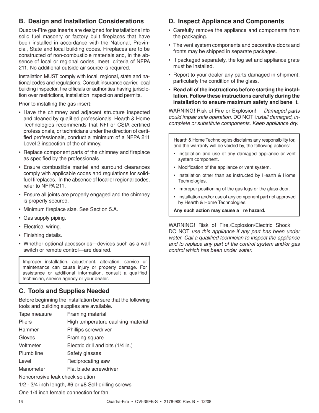 Quadra-Fire QVI-35FB-S Design and Installation Considerations, Tools and Supplies Needed, Inspect Appliance and Components 