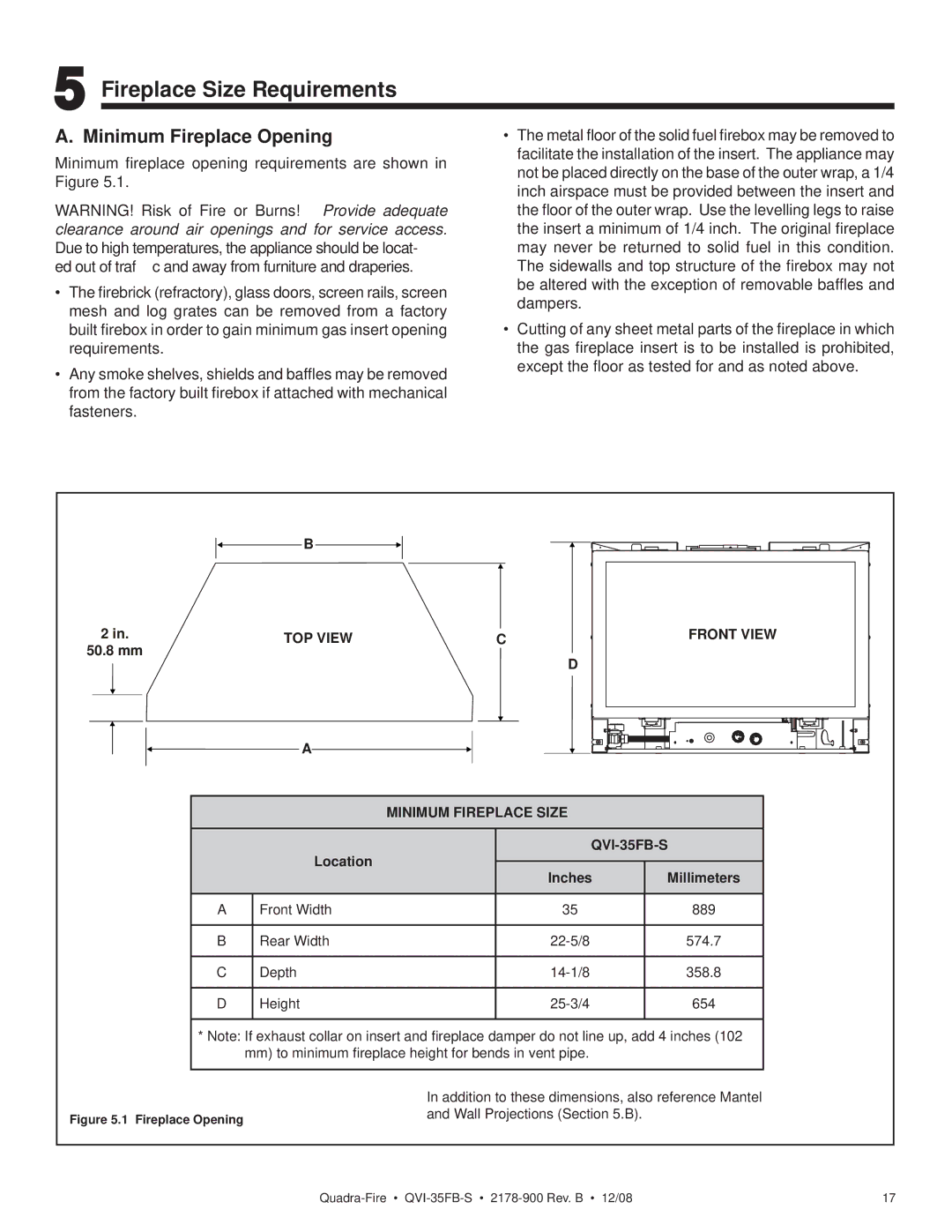 Quadra-Fire QVI-35FB-S owner manual Fireplace Size Requirements, Minimum Fireplace Opening, Minimum Fireplace Size 