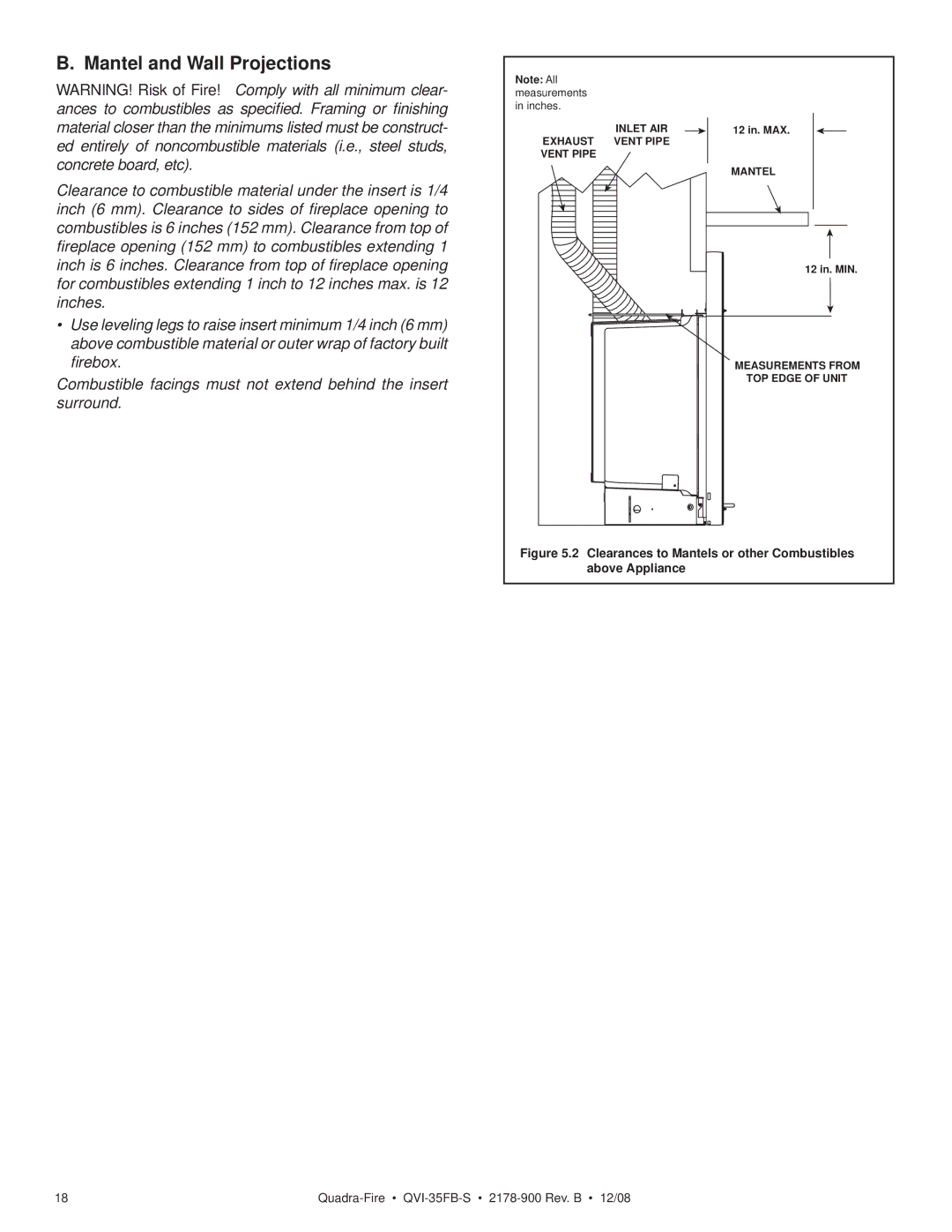 Quadra-Fire QVI-35FB-S Mantel and Wall Projections, Clearances to Mantels or other Combustibles above Appliance 