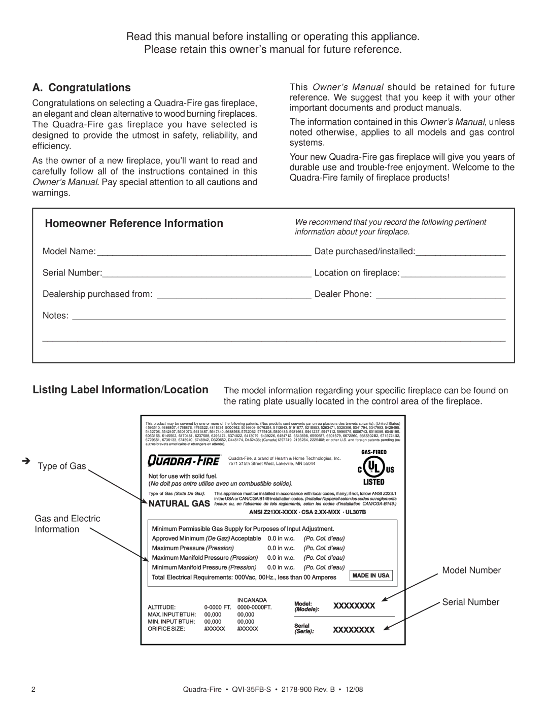 Quadra-Fire QVI-35FB-S owner manual Congratulations, Homeowner Reference Information, Xxxxxxxx 