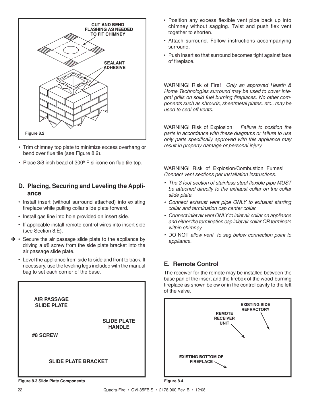 Quadra-Fire QVI-35FB-S owner manual Placing, Securing and Leveling the Appli- ance 