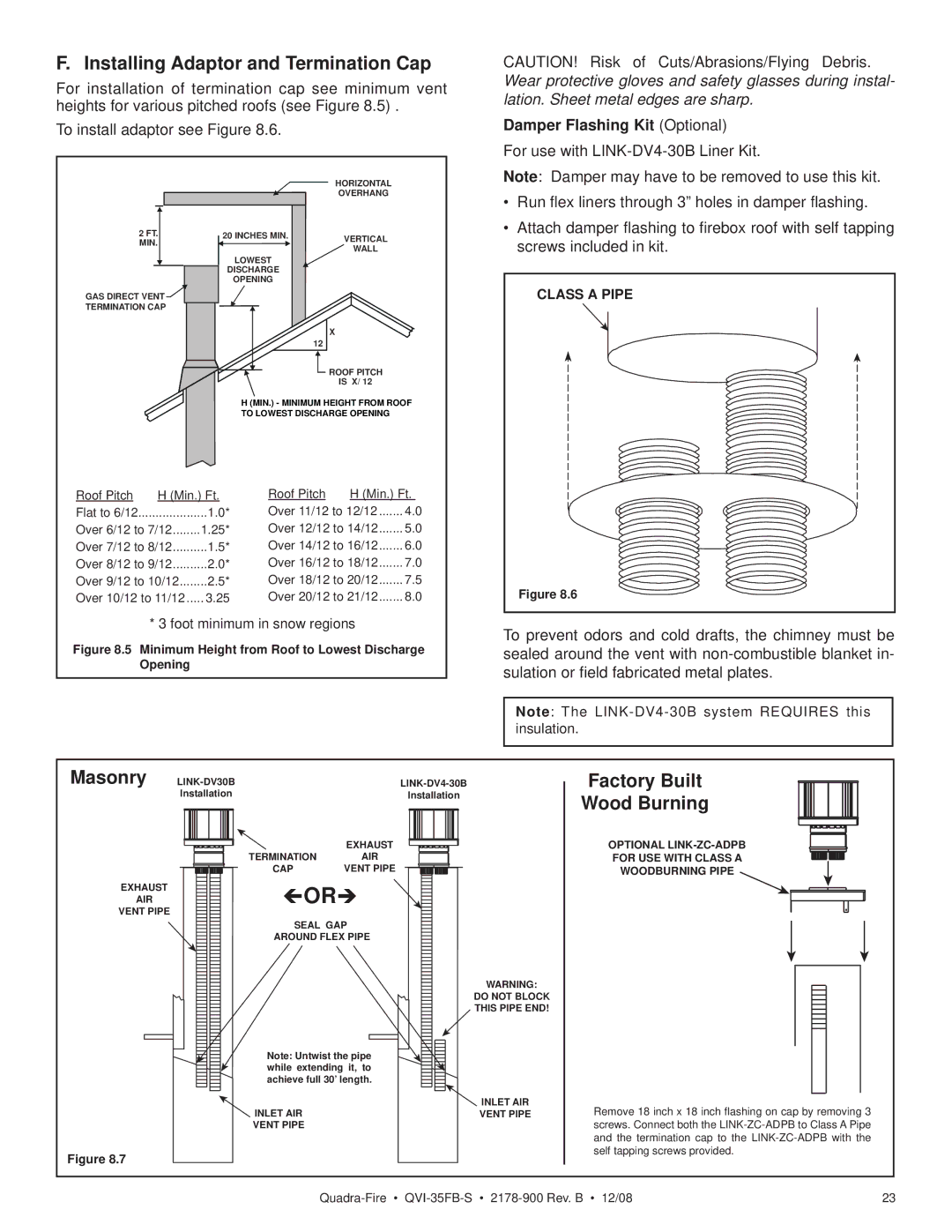 Quadra-Fire QVI-35FB-S Installing Adaptor and Termination Cap, Masonry, Factory Built Wood Burning, Class a Pipe 