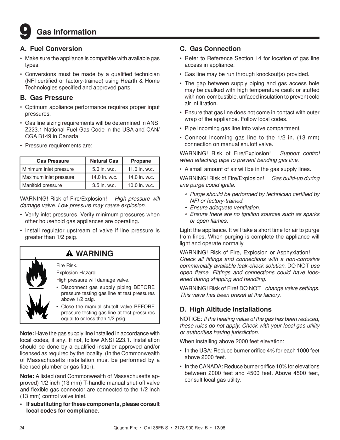 Quadra-Fire QVI-35FB-S owner manual Gas Information, Fuel Conversion, Gas Pressure, Gas Connection 