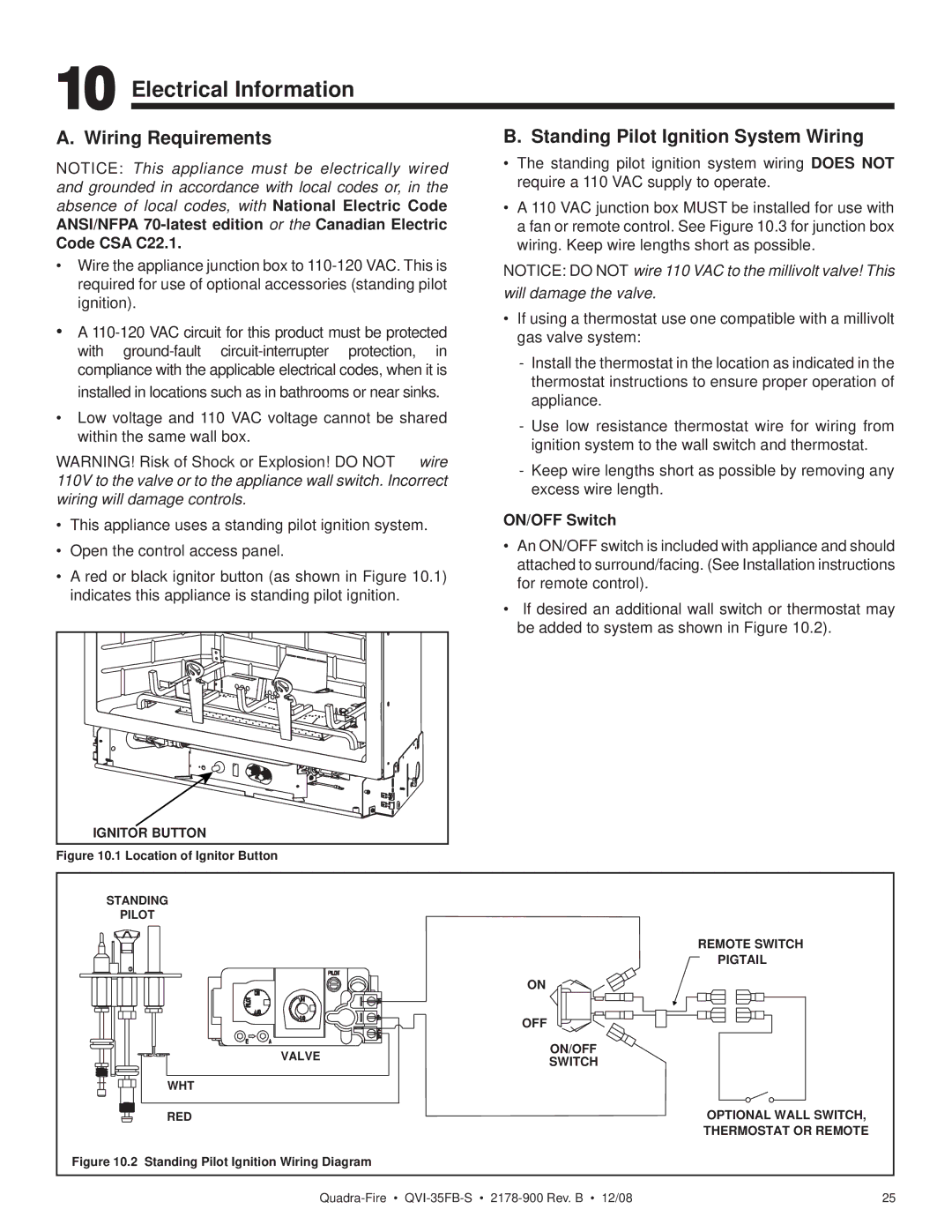 Quadra-Fire QVI-35FB-S Electrical Information, Wiring Requirements, Standing Pilot Ignition System Wiring, ON/OFF Switch 