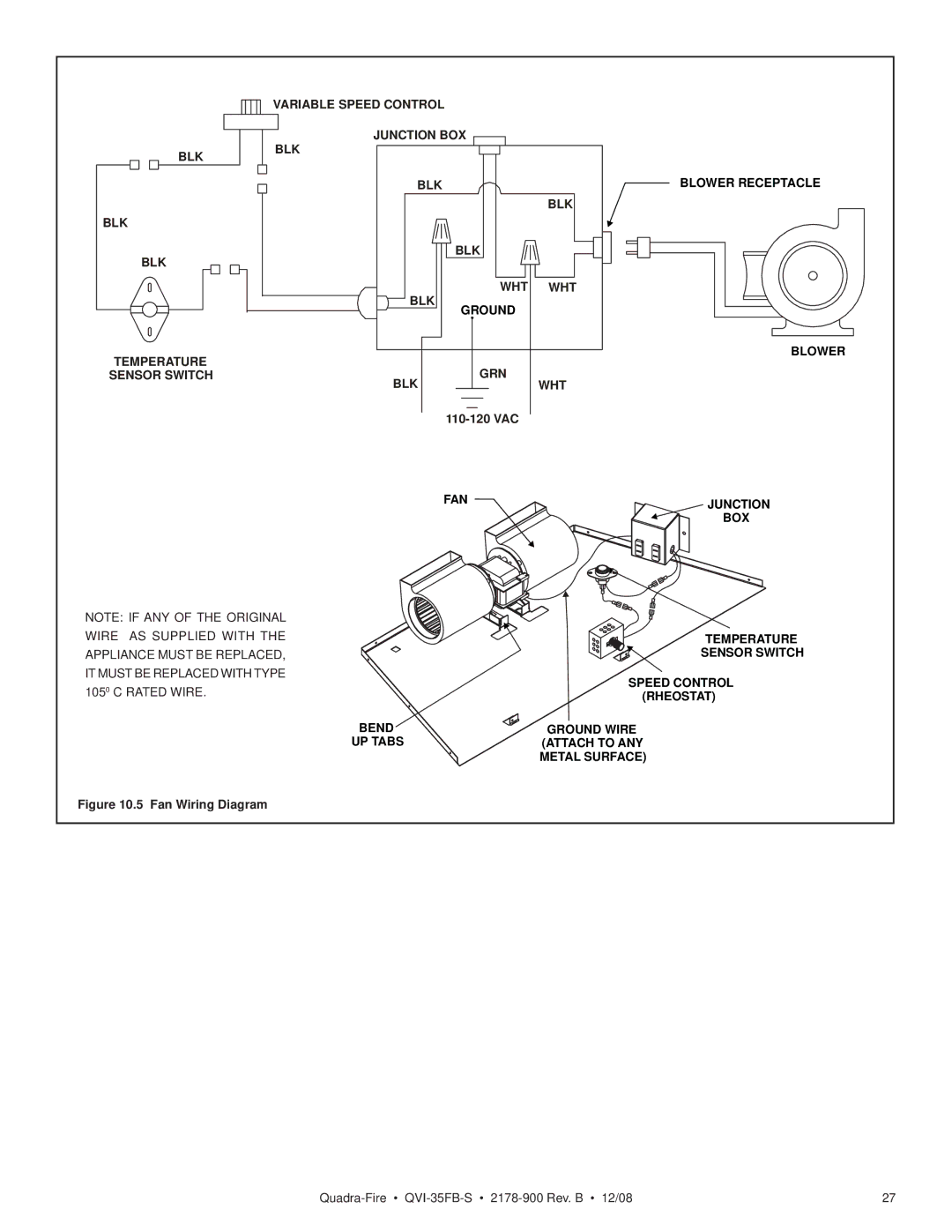 Quadra-Fire QVI-35FB-S owner manual Variable Speed Control Junction BOX Blkblk BLK 