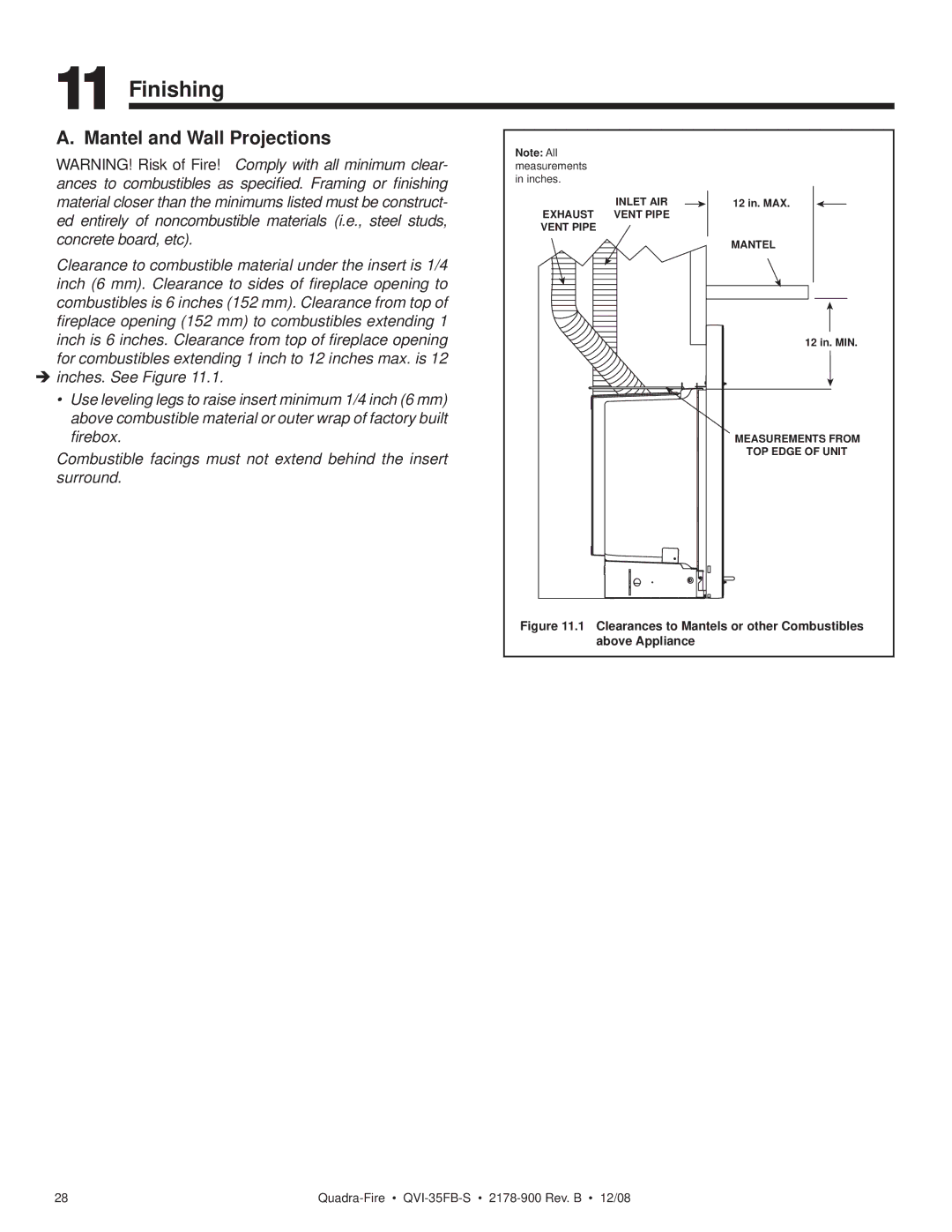 Quadra-Fire QVI-35FB-S owner manual Finishing, Mantel and Wall Projections 