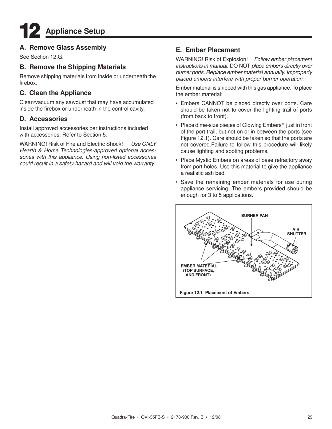 Quadra-Fire QVI-35FB-S owner manual Appliance Setup 