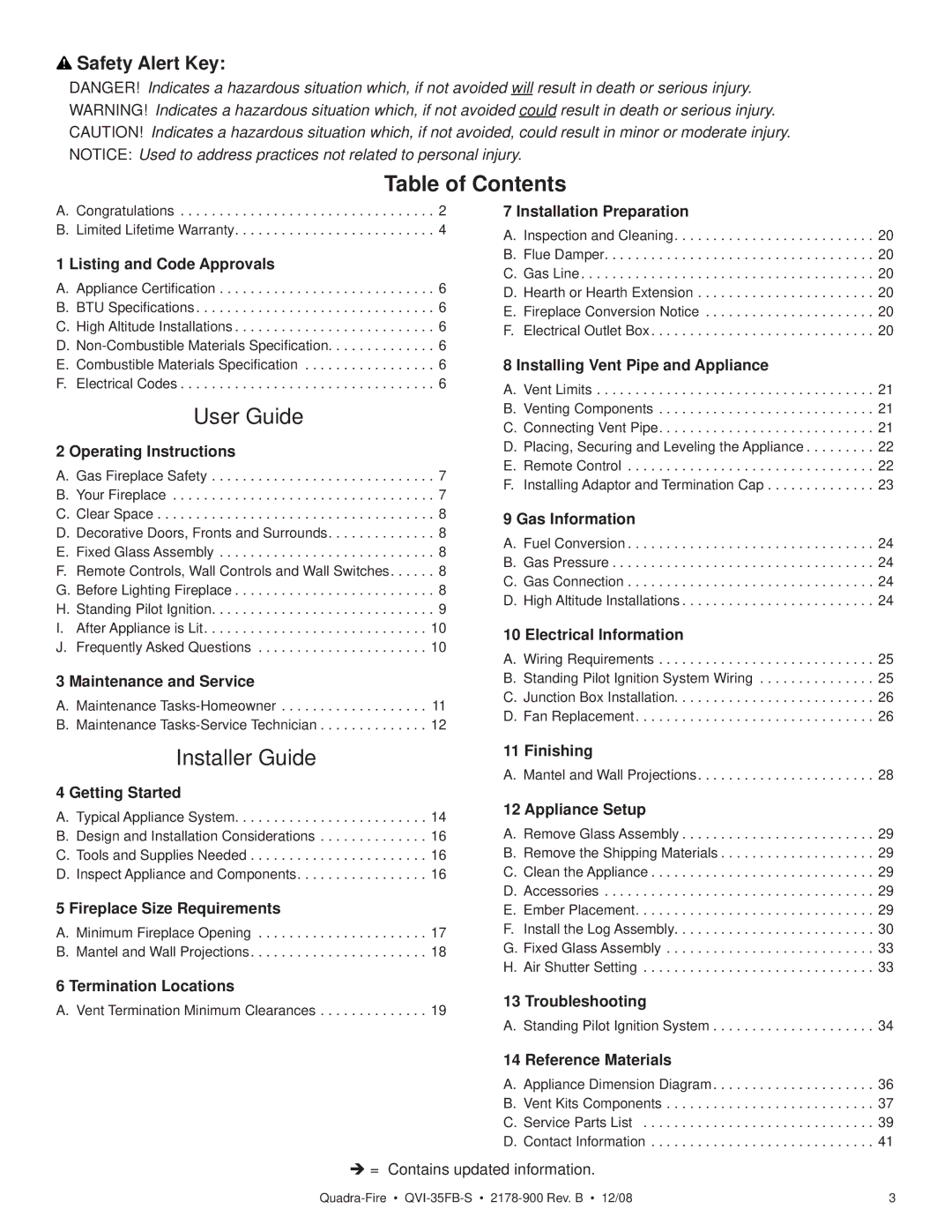 Quadra-Fire QVI-35FB-S owner manual Table of Contents, User Guide 