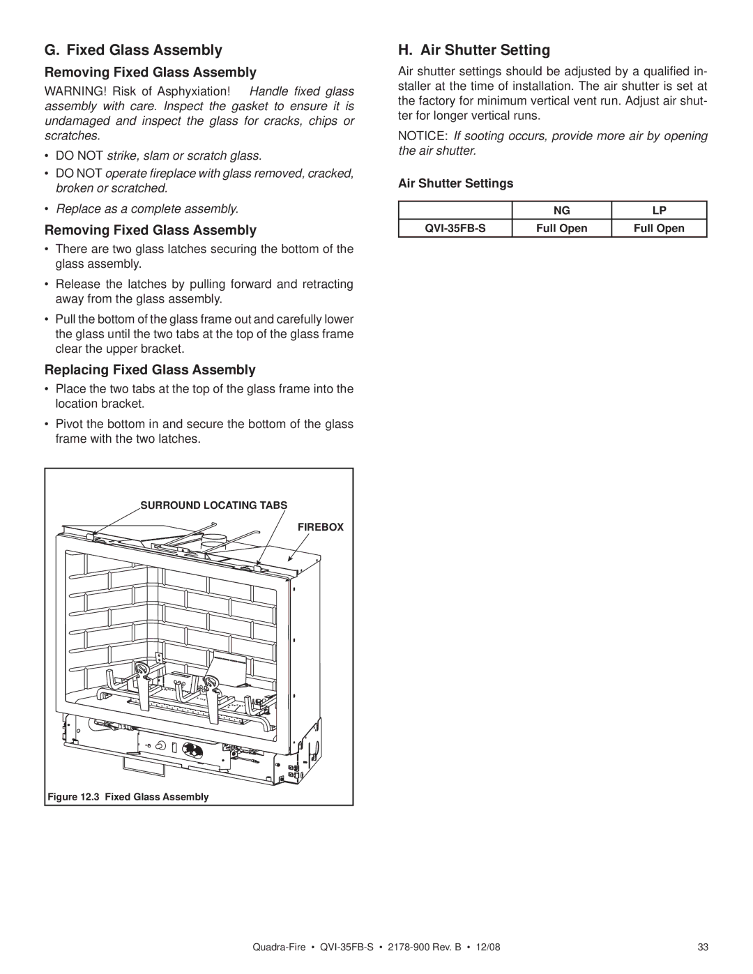 Quadra-Fire QVI-35FB-S owner manual Air Shutter Settings 