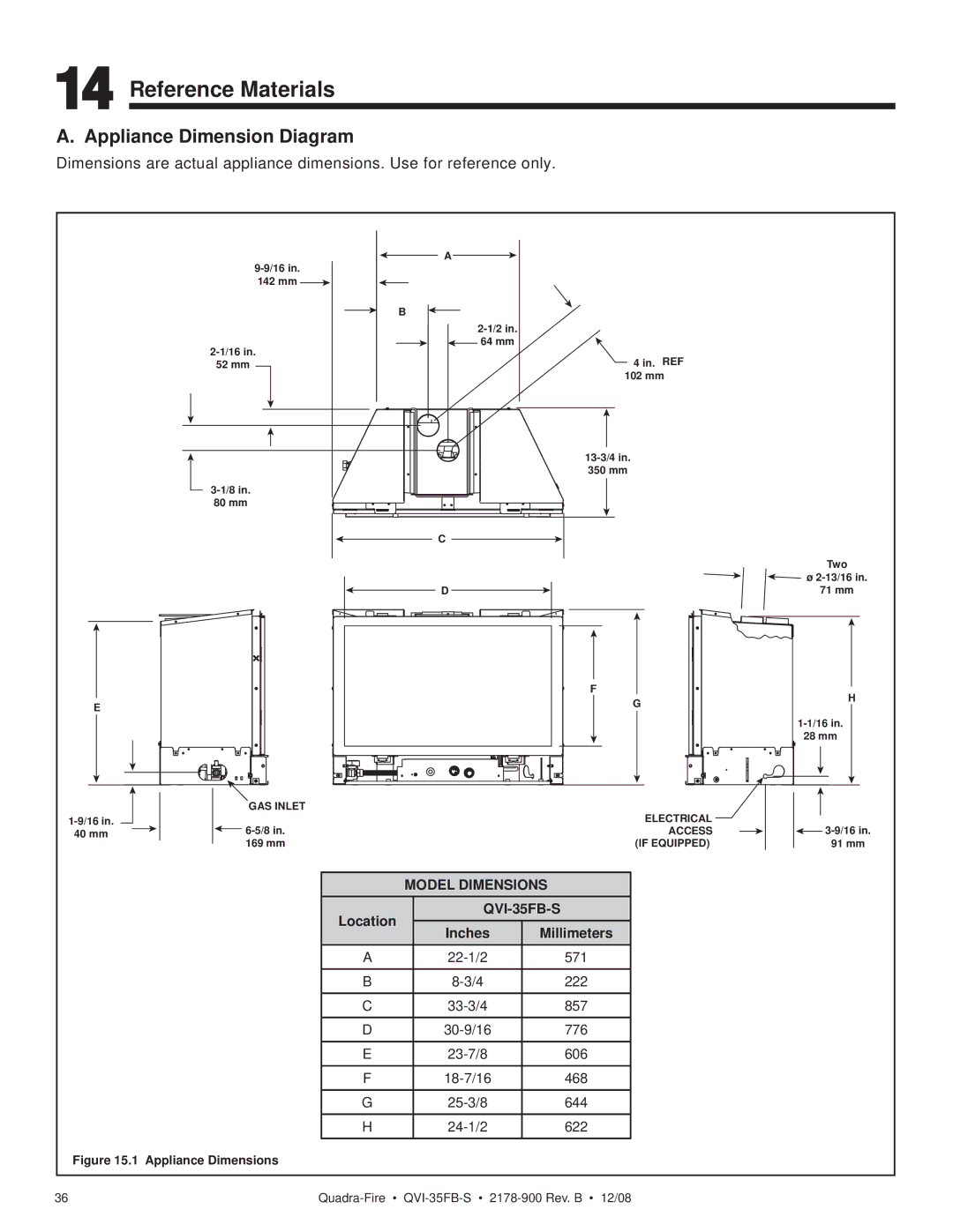 Quadra-Fire QVI-35FB-S owner manual Reference Materials, Appliance Dimension Diagram, Model Dimensions 