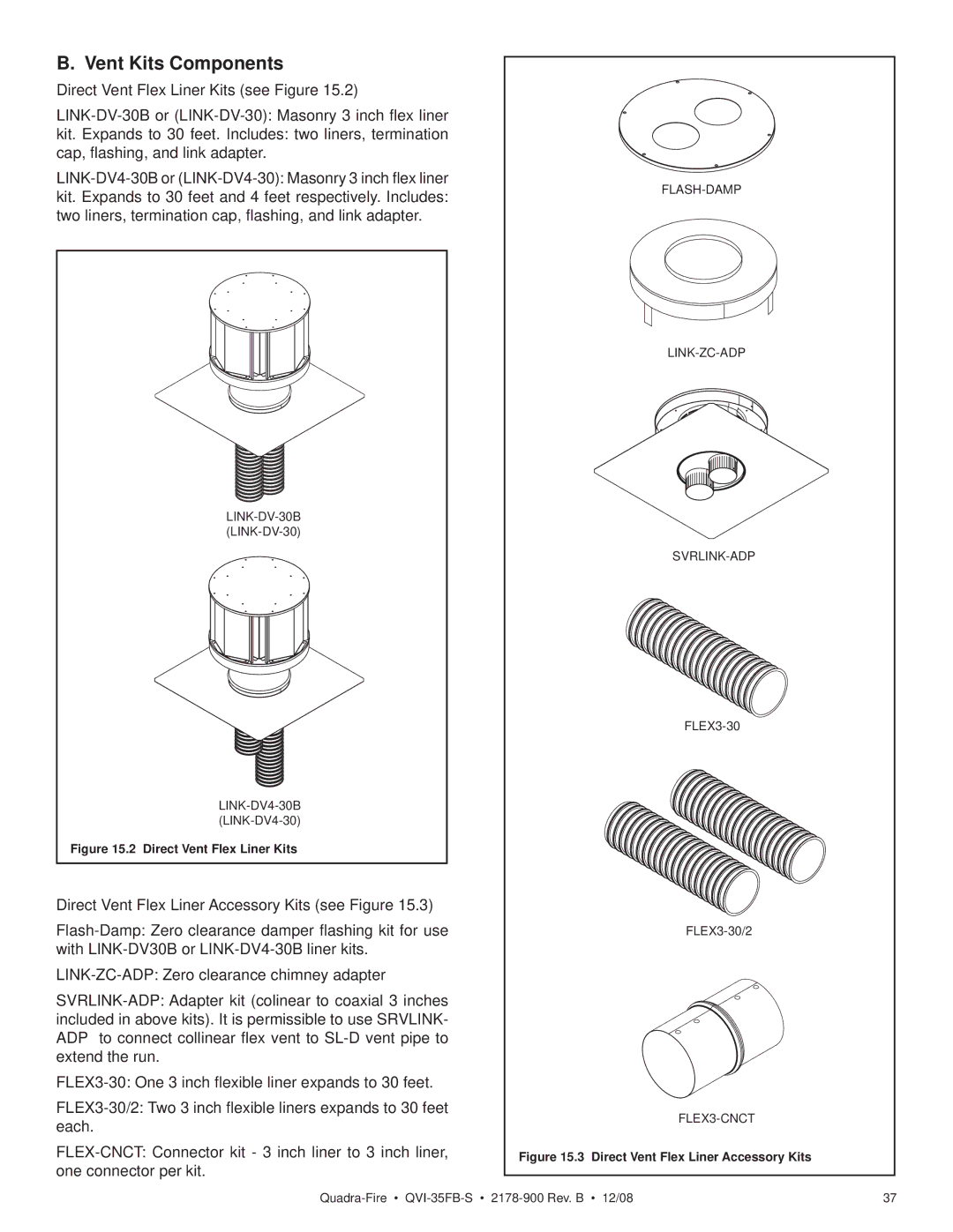 Quadra-Fire QVI-35FB-S owner manual Vent Kits Components, Direct Vent Flex Liner Kits 