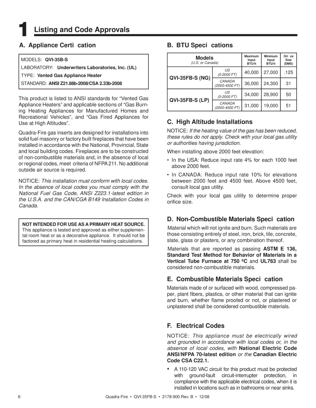 Quadra-Fire QVI-35FB-S owner manual Listing and Code Approvals 