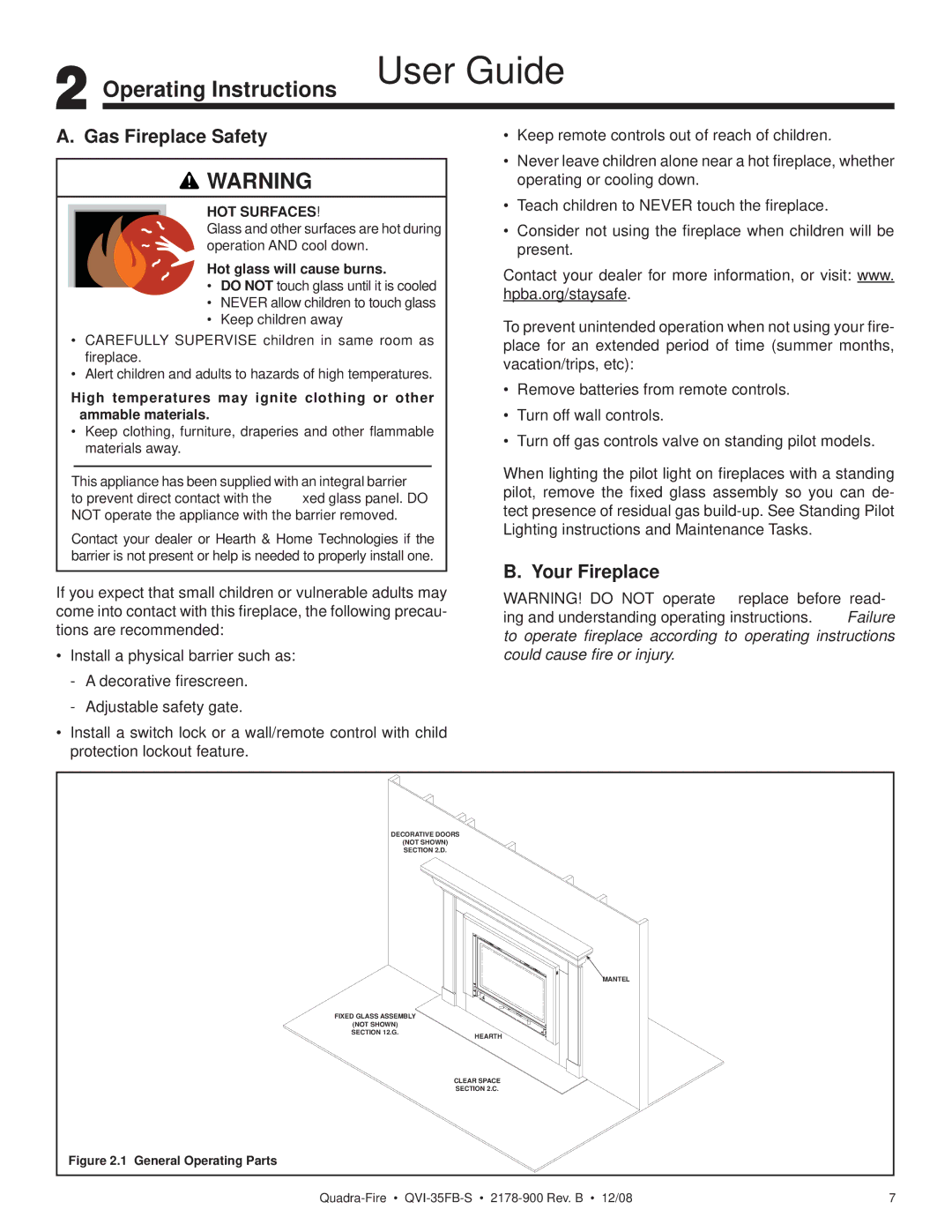 Quadra-Fire QVI-35FB-S owner manual Operating Instructions User Guide, Gas Fireplace Safety, Your Fireplace 