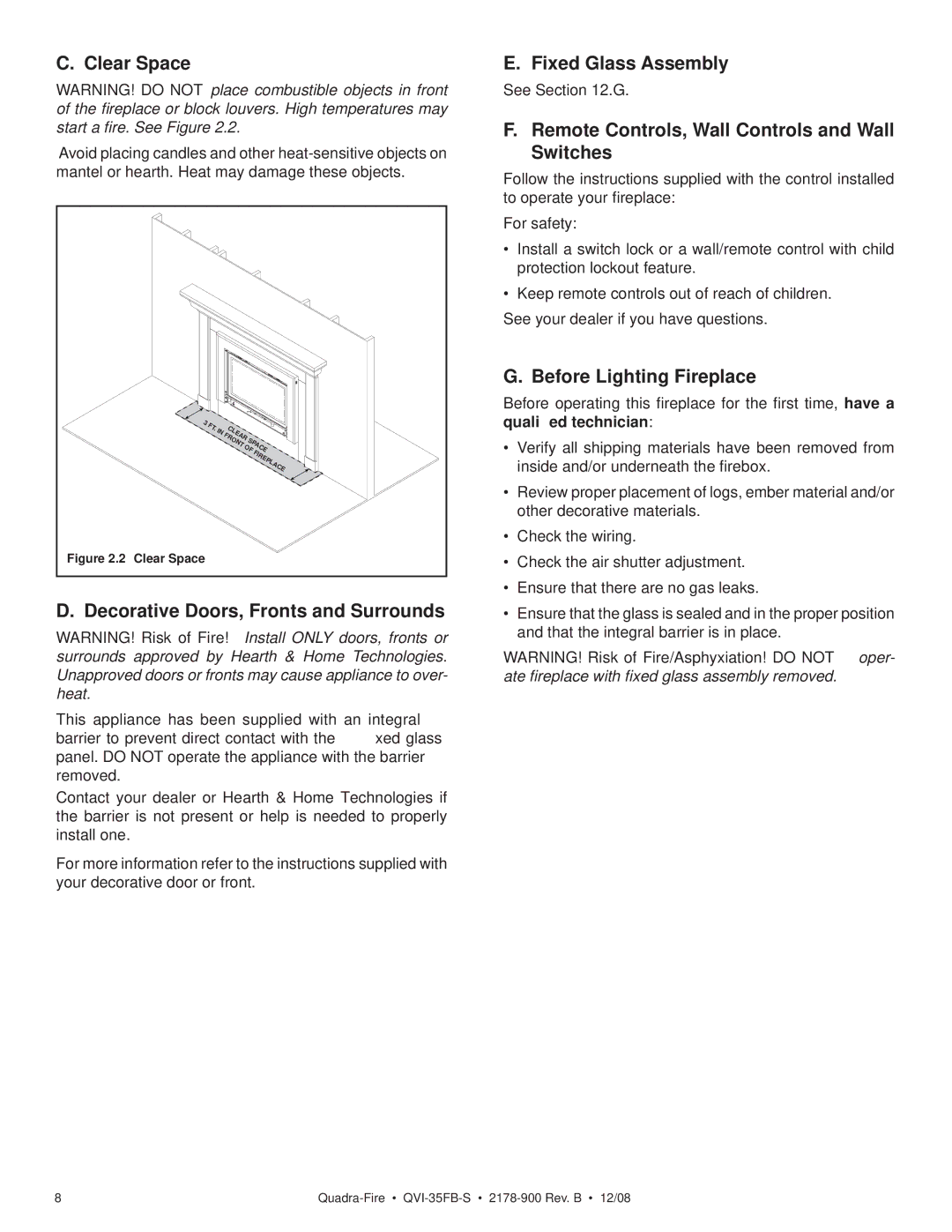 Quadra-Fire QVI-35FB-S owner manual Clear Space, Decorative Doors, Fronts and Surrounds, Fixed Glass Assembly 